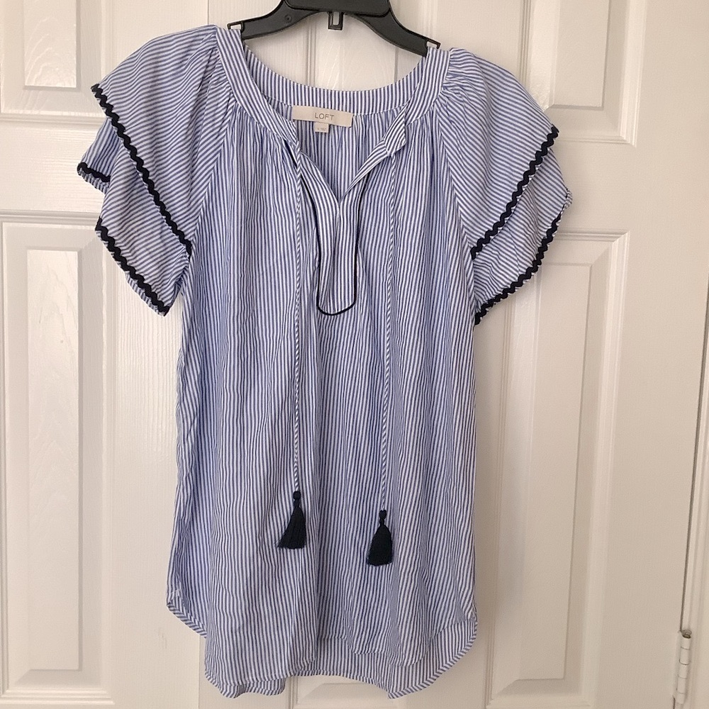 LOFT Women's Blue Striped Top Tassel Layered Sleeves V Neck S